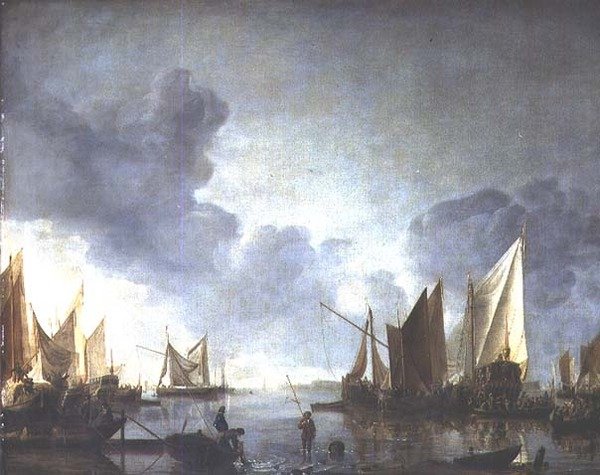 Bir devlet mavnasında müjdelenen bir devlet adamı ve ön planda balıkçılar ile bir sakin by Jan van de Capelle or Cappelle