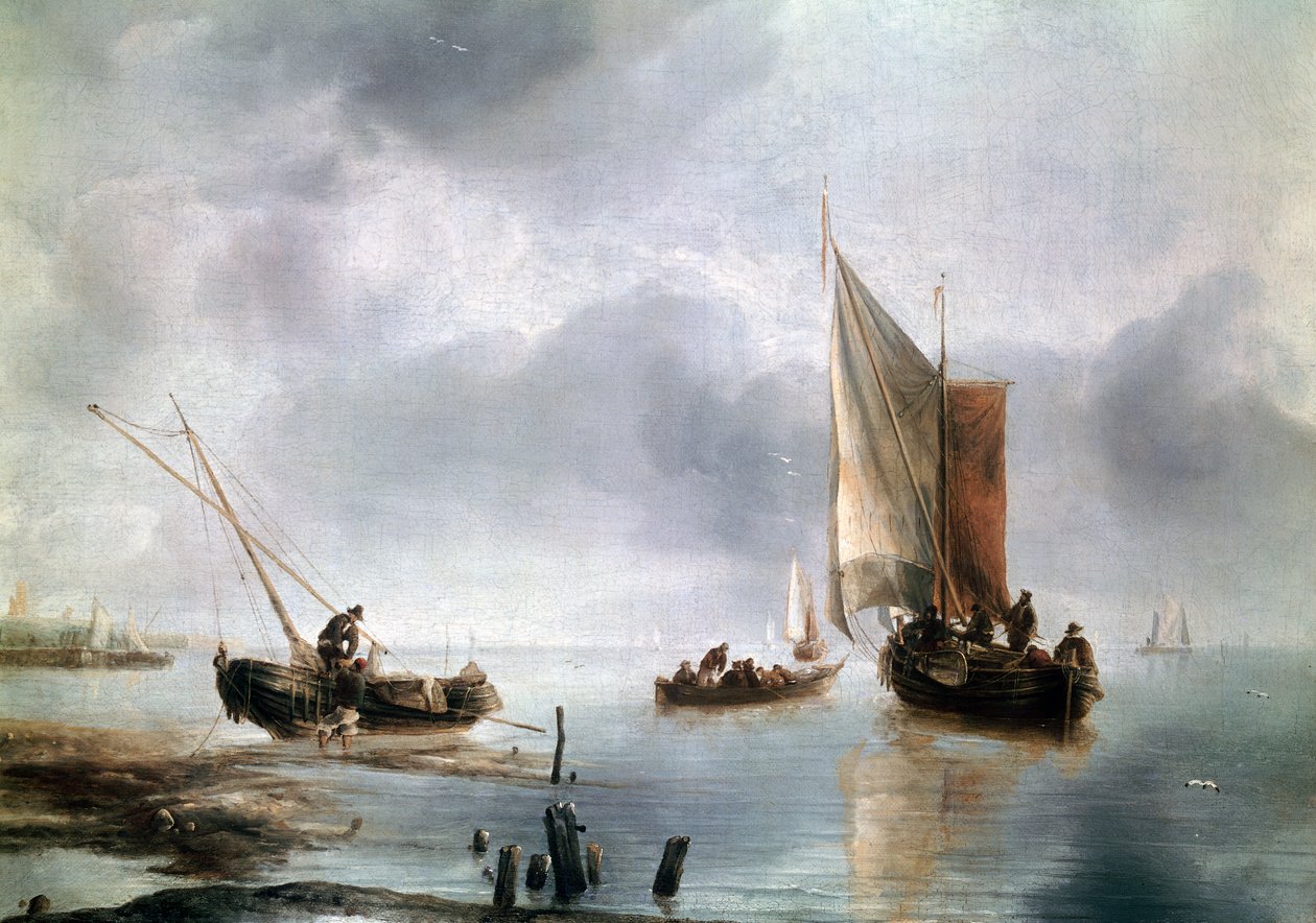 Hafif havada küçük bir gemi ve başka bir karada, yaklaşık 1650-1660, Jan van de Cappelle (1624-ca 1679), tuval üzerine yağlıboya, 34, 8x48 by Jan van de Capelle or Cappelle