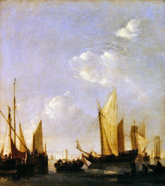 Sakin bir denizde demirlemiş nakliye, yaklaşık 1650 (panel üzerine yağ) by Jan van de Capelle or Cappelle