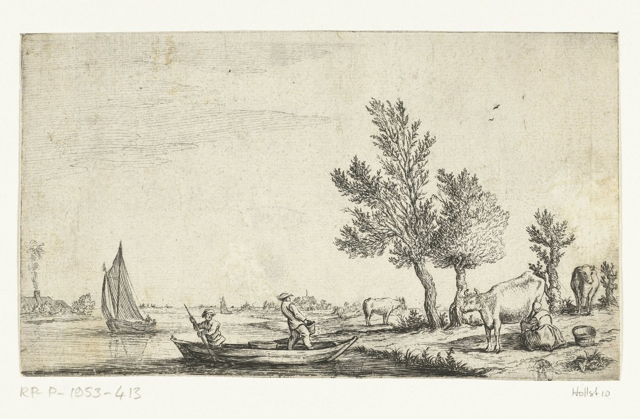 Bir kayıkta iki adamla nehir manzarası by Jan van de Cappelle (attributed to)