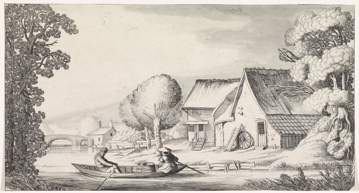 Çiftçi ve çiftçinin karısı bir kürek teknesinde Playsante manzaraları ve eğlenceli sahneler (dizi başlığı) by Jan van de Velde (II)