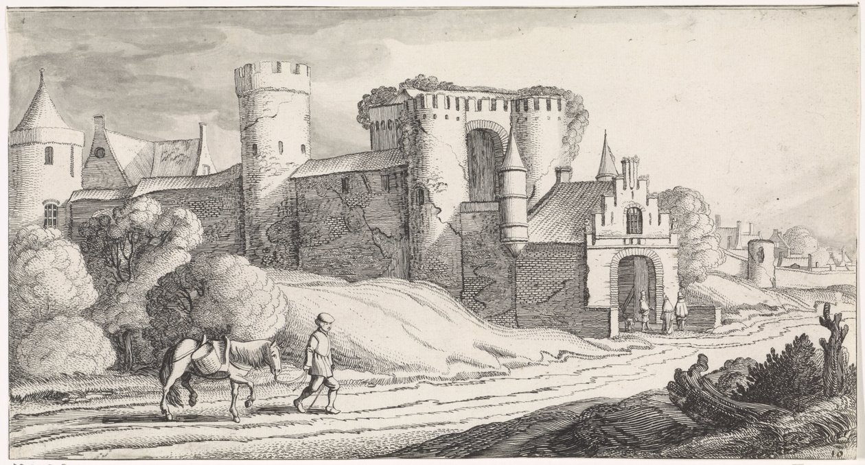 Bir kaleyi geçen bir yolda atı olan çiftçi Playsante manzaraları ve eğlenceli sahneler (dizi başlığı) by Jan van de Velde (II)
