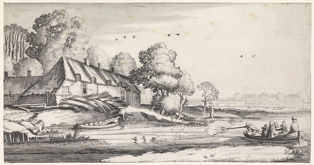 Bir çiftliğin yakınındaki nehirde ördek avı Playsante manzaraları ve eğlenceli sahneler (dizi başlığı) by Jan van de Velde (II)