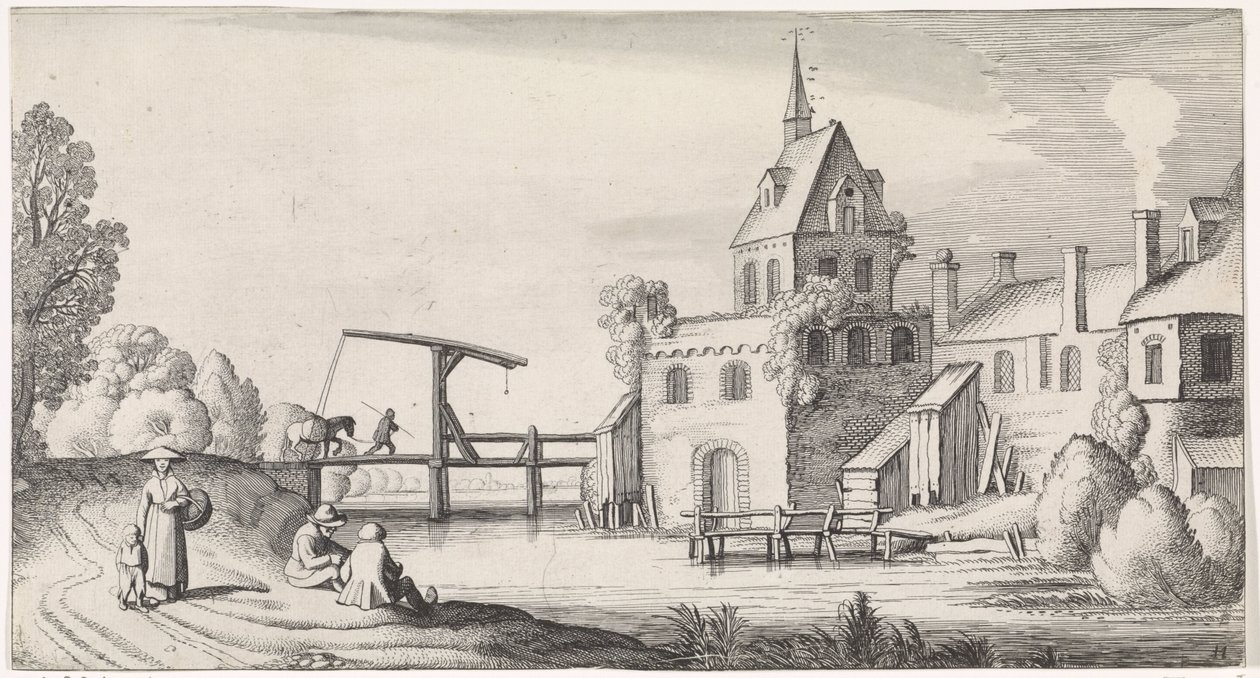 Kilise kulesi olan bir köyün asma köprüsündeki rakamlar Playsante manzaraları ve eğlenceli sahneler (dizi başlığı) by Jan van de Velde (II)
