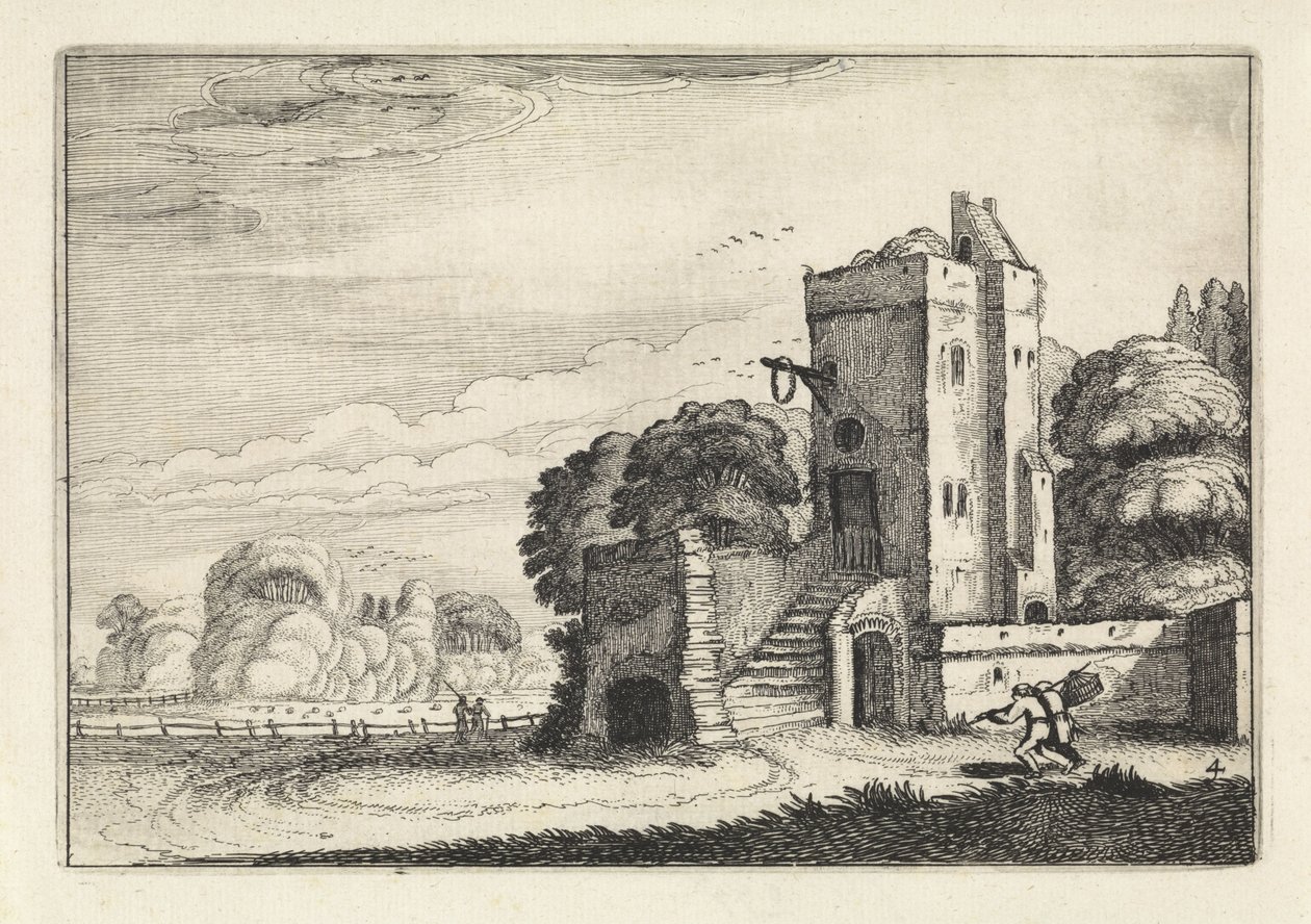 Manzaradaki bir kulenin yanında kuş sepeti olan figürler Manzaralar (dizi başlığı) Amenissimae aliquot requculae (dizi başlığı) by Jan van de Velde (II)