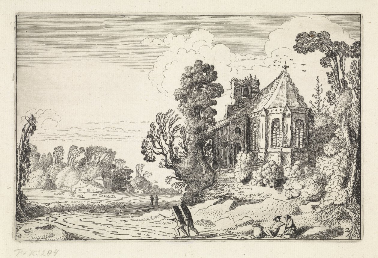 Bir kilise harabesinin yakınındaki bir köy yolunda rakamlar Manzaralar (dizi başlığı) Amenissimae aliquot requculae (dizi başlığı) by Jan van de Velde (II)