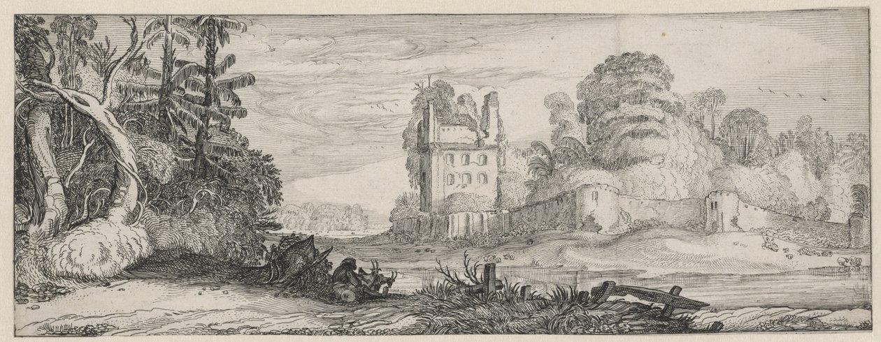 Duvara yakın yıkık bir evin görünümü Manzaralar ve kalıntılar (dizi başlığı) Amoenissimae aliquot Regiunculae (dizi başlığı) by Jan van de Velde (II)