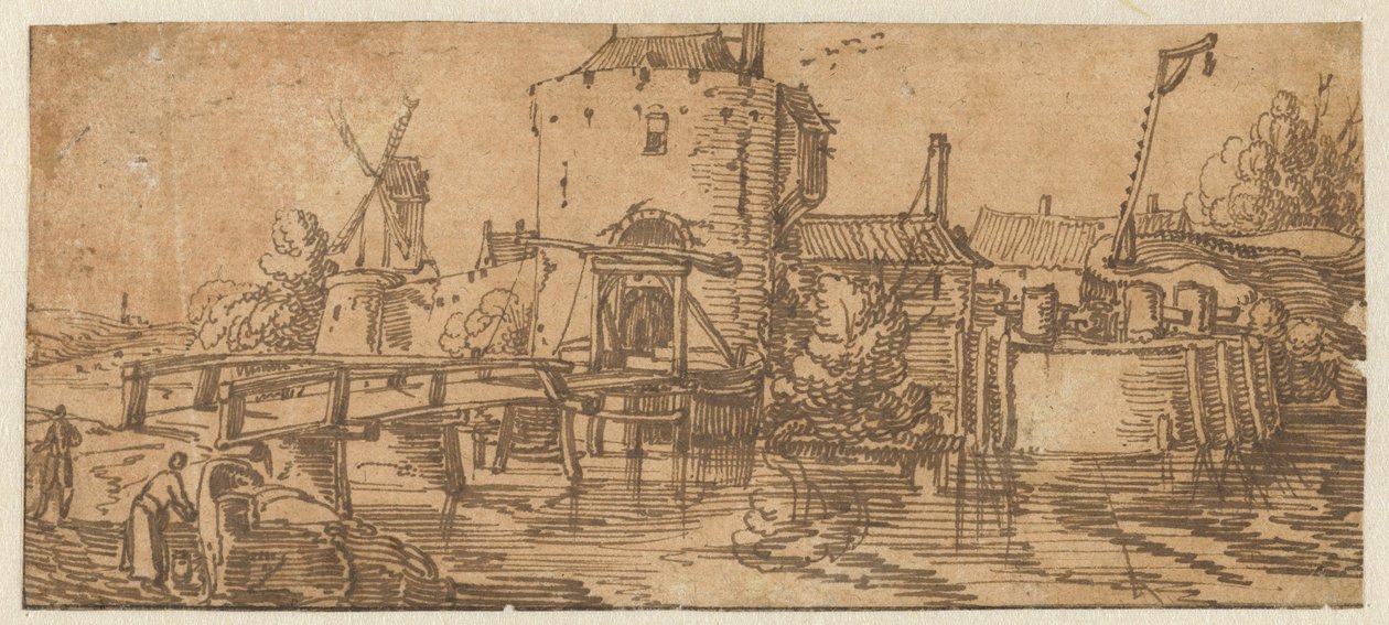 Kapının önünde bir köprü bulunan bir şehir (Culemborg?) by Jan van de Velde (II)