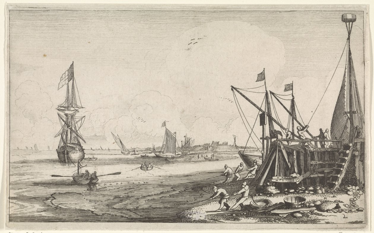 Balıkçıların ağlarını çektiği liman başı Deniz Manzaraları (dizi adı) by Jan van de Velde (II)