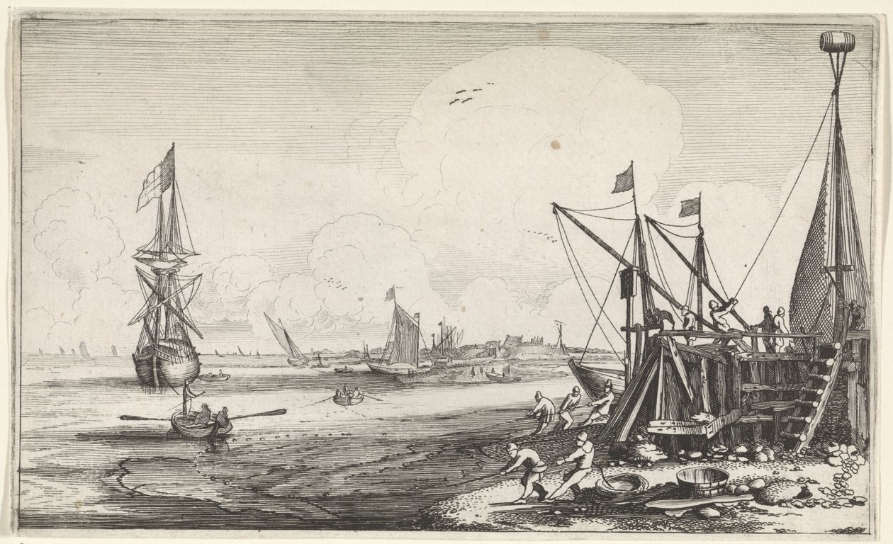Balıkçıların ağlarını çektiği liman başı Deniz Manzaraları (dizi adı) by Jan van de Velde (II)