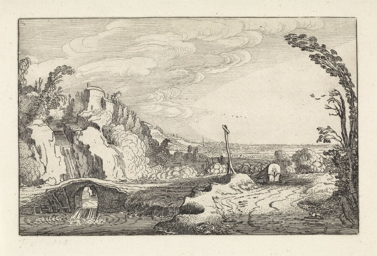Dağlık bir nehir manzarasında bir yolda kapalı vagon Manzaralar (dizi başlığı) Amenissimae aliquot requculae (dizi başlığı) by Jan van de Velde (II)