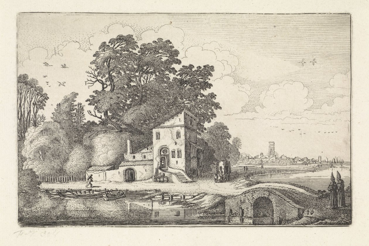 Nehir manzarasında taş köprünün yanındaki ev Manzaralar (dizi başlığı) Amenissimae aliquot requculae (dizi başlığı) by Jan van de Velde (II)