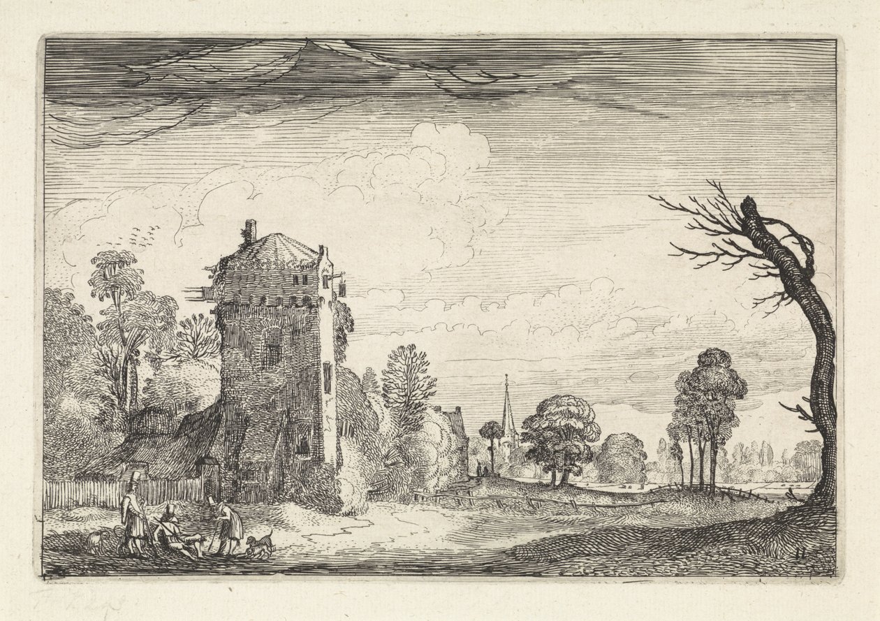 Manzaradaki bir kulede köpekli avcılar Manzaralar (dizi başlığı) Amenissimae aliquot requculae (dizi başlığı) by Jan van de Velde (II)