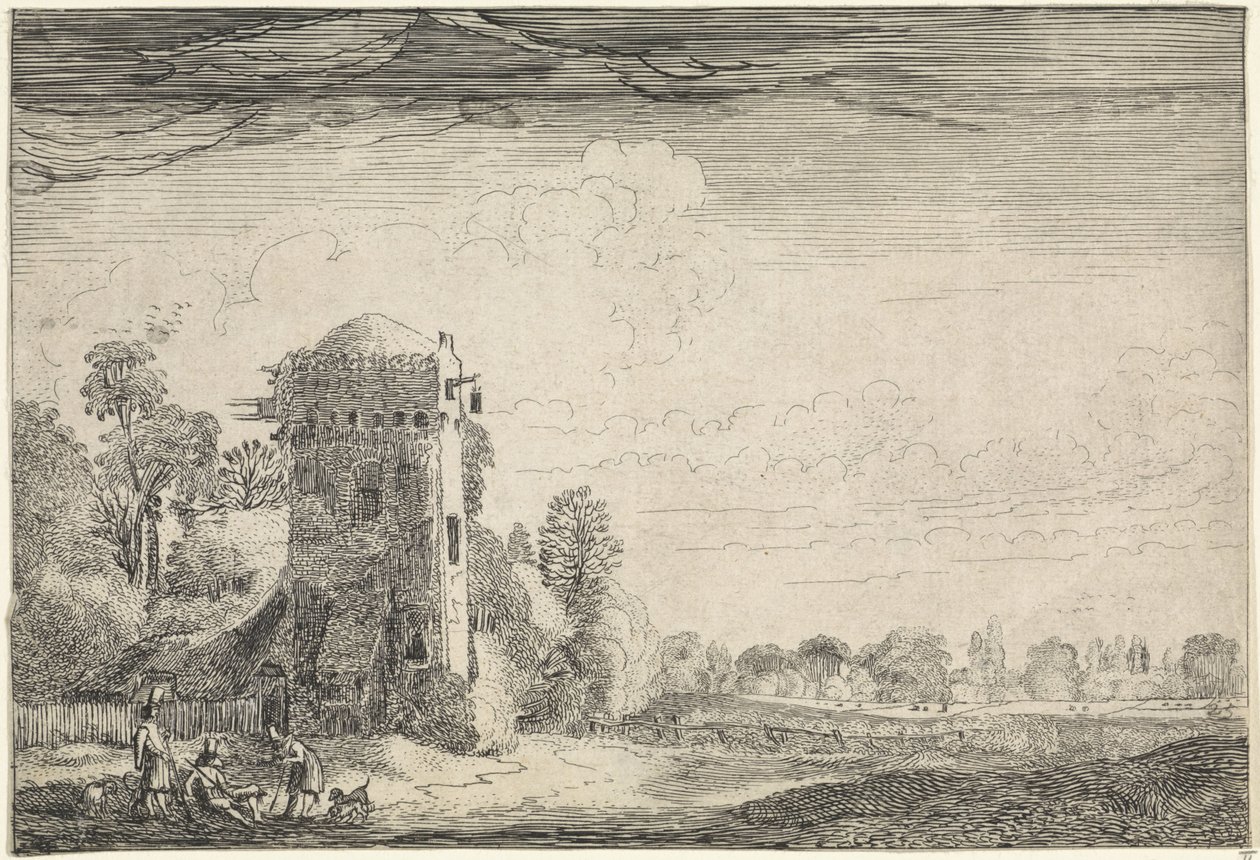 Manzaradaki bir kulede köpekli avcılar Manzaralar (dizi başlığı) Amenissimae aliquot requculae (dizi başlığı) by Jan van de Velde (II)