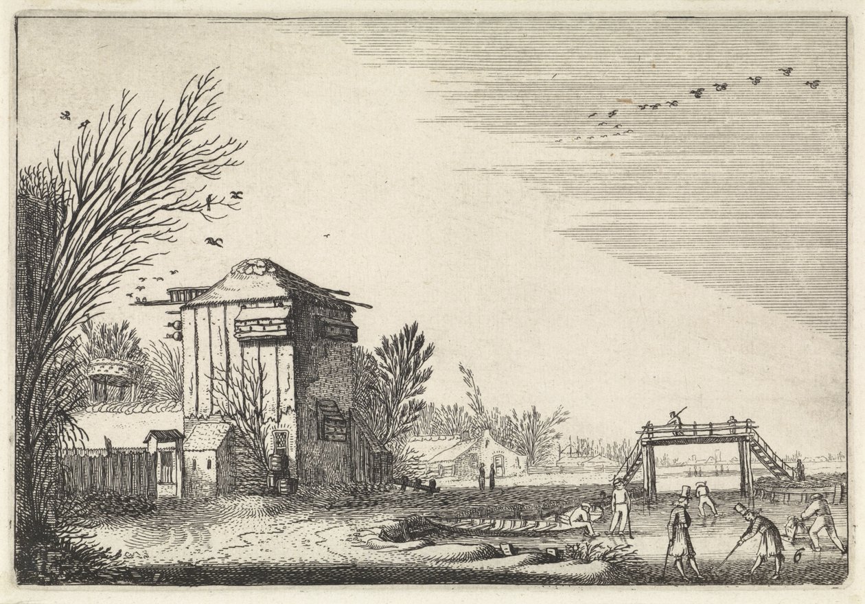 Bir güvercinlik, buz üzerinde flask oyuncular Manzaralar (dizi başlığı) Amenissimae aliquot requculae (dizi başlığı) by Jan van de Velde (II)