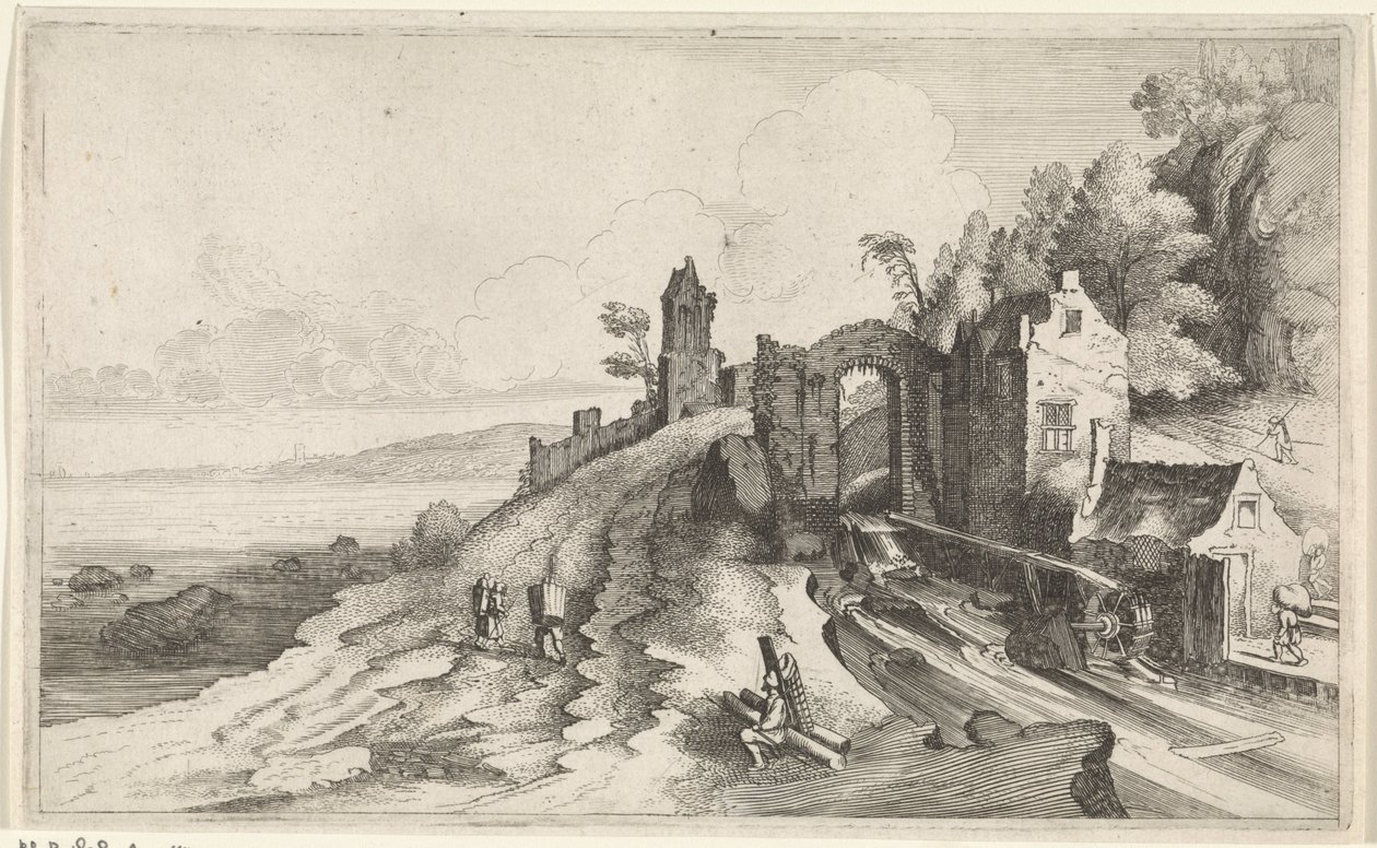 Bir su değirmeni ile kıyı manzarası Deniz Manzaraları (dizi adı) by Jan van de Velde (II)