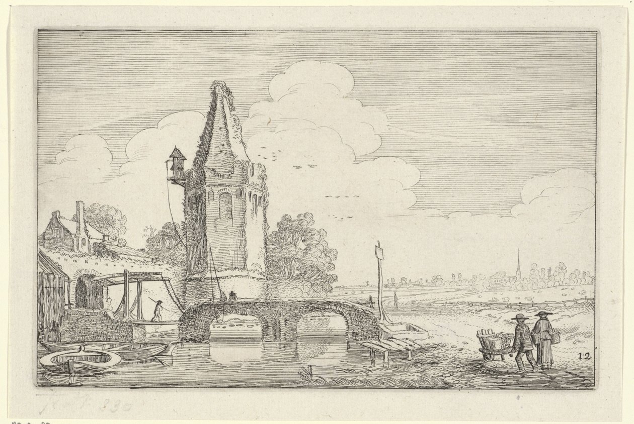 Niers Nehri üzerinde bir kule ve bir köprü ile manzara Manzaralar (dizi başlığı) Amenissimae aliquot requculae (dizi başlığı) by Jan van de Velde (II)