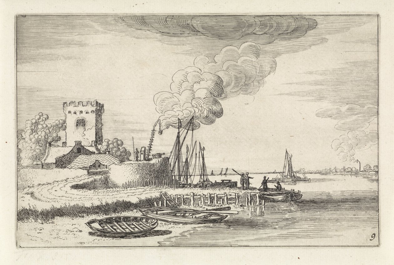 Bir limanda bir deniz feneri ile manzara Manzaralar (dizi başlığı) Amenissimae aliquot requculae (dizi başlığı) by Jan van de Velde (II)