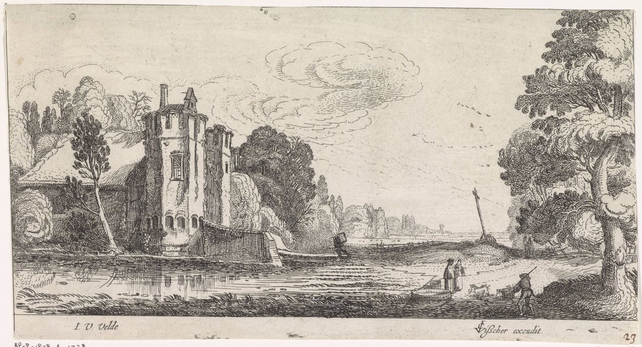 İki kuleli müstahkem bir evde figürlerle manzara by Jan van de Velde (II)