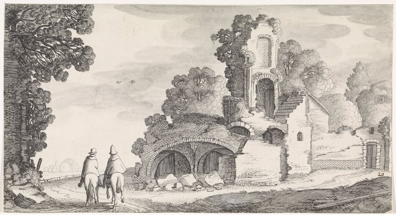 Harabe ve iki atlı ile manzara Playsante manzaraları ve eğlenceli sahneler (dizi başlığı) by Jan van de Velde (II)