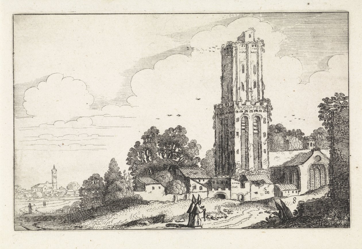 Harap kilise kulesi ile manzara Manzaralar (dizi başlığı) Amenissimae aliquot requculae (dizi başlığı) by Jan van de Velde (II)