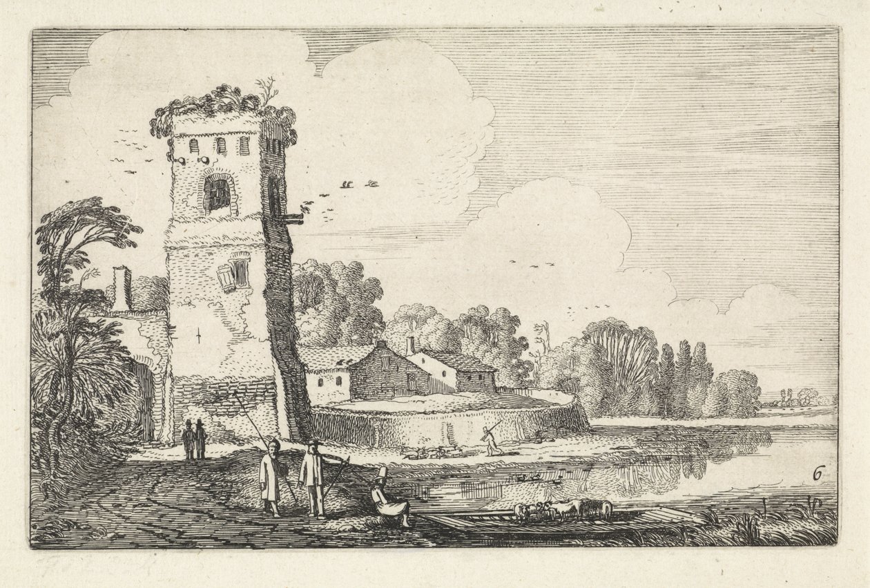Bir nehir manzarasında bir kulede koyunlarla Pont Manzaralar (dizi başlığı) Amenissimae aliquot requculae (dizi başlığı) by Jan van de Velde (II)
