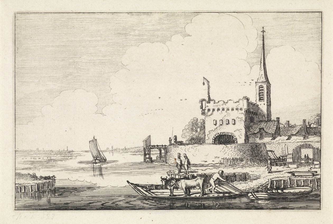 Nehir manzarasındaki bir kalede sığırlarla Pont Manzaralar (dizi başlığı) Amenissimae aliquot requculae (dizi başlığı) by Jan van de Velde (II)