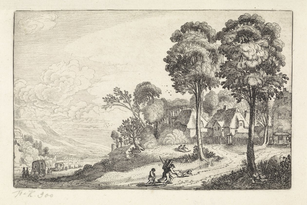 Bir köyün yakınındaki bir yolda yolcular Manzaralar (dizi başlığı) Amenissimae aliquot requculae (dizi başlığı) by Jan van de Velde (II)