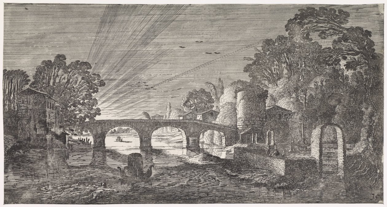 Gün batımında nehir manzarası Eğlenceli manzaralar ve eğlenceli şiirler (dizi adı) by Jan van de Velde (II)