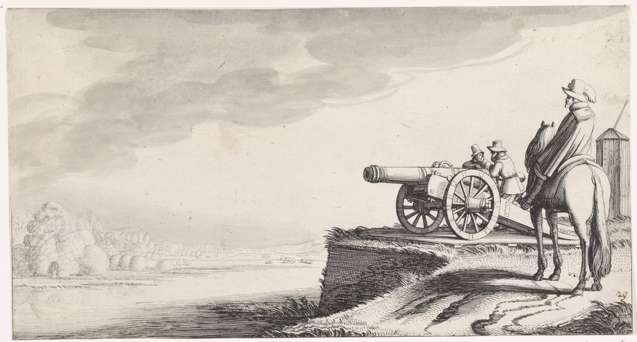 Bir nehir kıyısında bir topun yanında binici ve iki asker Playsante manzaraları ve eğlenceli sahneler (dizi başlığı) by Jan van de Velde (II)