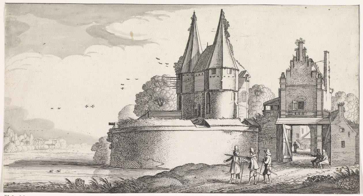 Nehir kenarında bir kale ve şehir kapısında askerler Playsante manzaraları ve eğlenceli sahneler (dizi başlığı) by Jan van de Velde (II)