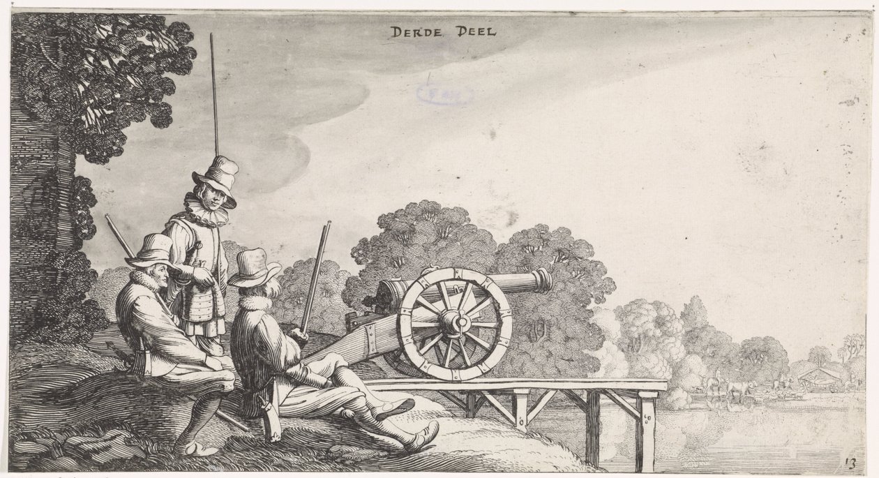 Bir nehir iskelesinde bir topun yanında askerler Playsante manzaraları ve eğlenceli sahneler (dizi başlığı) by Jan van de Velde (II)