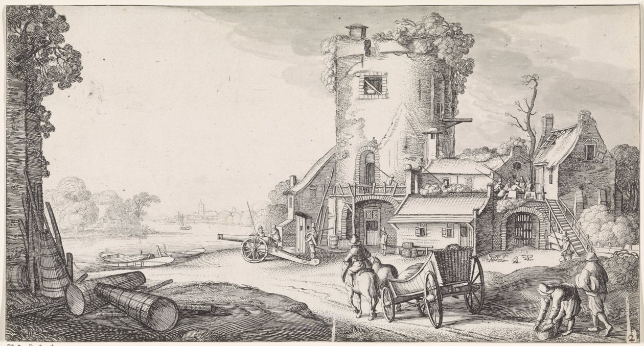 Nehir manzarasındaki bir kulede askerler Playsante manzaraları ve eğlenceli sahneler (dizi başlığı) by Jan van de Velde (II)