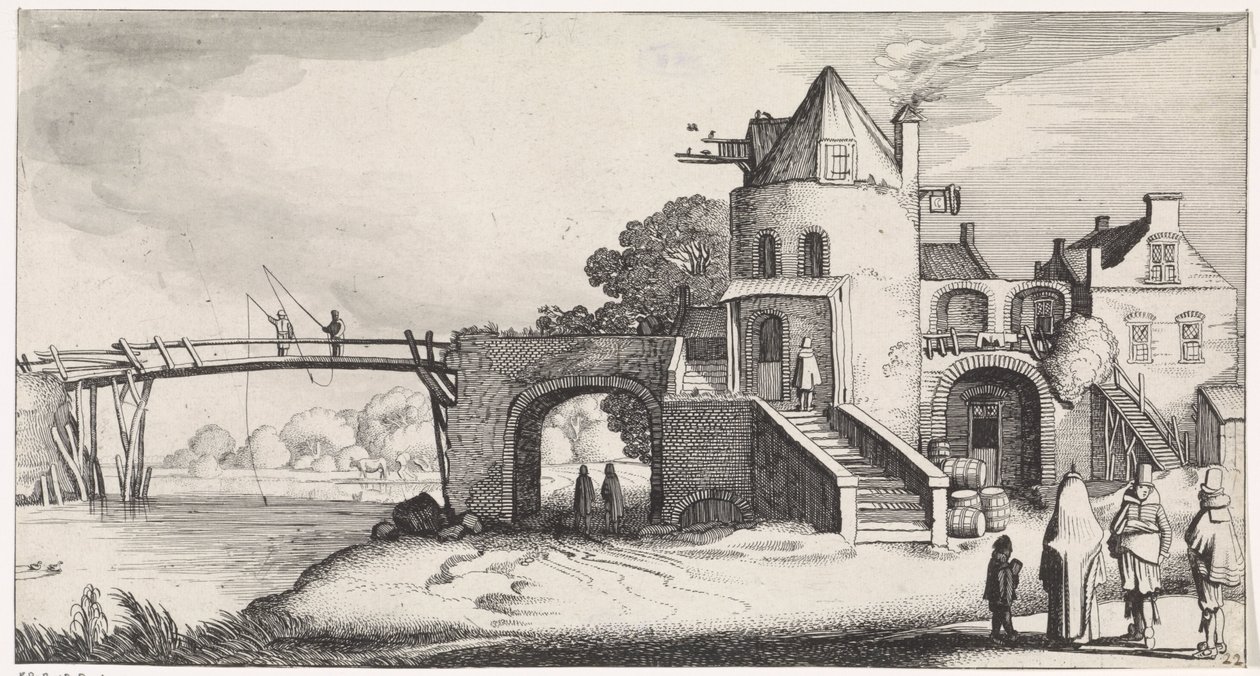 Nehir üzerinde ahşap köprülü paralı ev Playsante manzaraları ve eğlenceli sahneler (dizi başlığı) by Jan van de Velde (II)