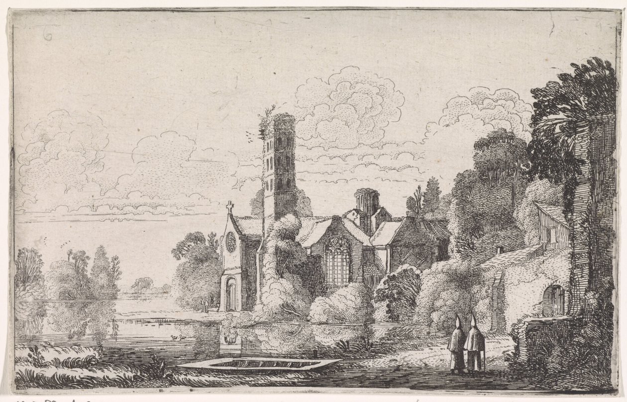 Bir nehir manzarasında bir manastırda iki keşiş Nehir manzaraları (dizi başlığı) by Jan van de Velde (II)