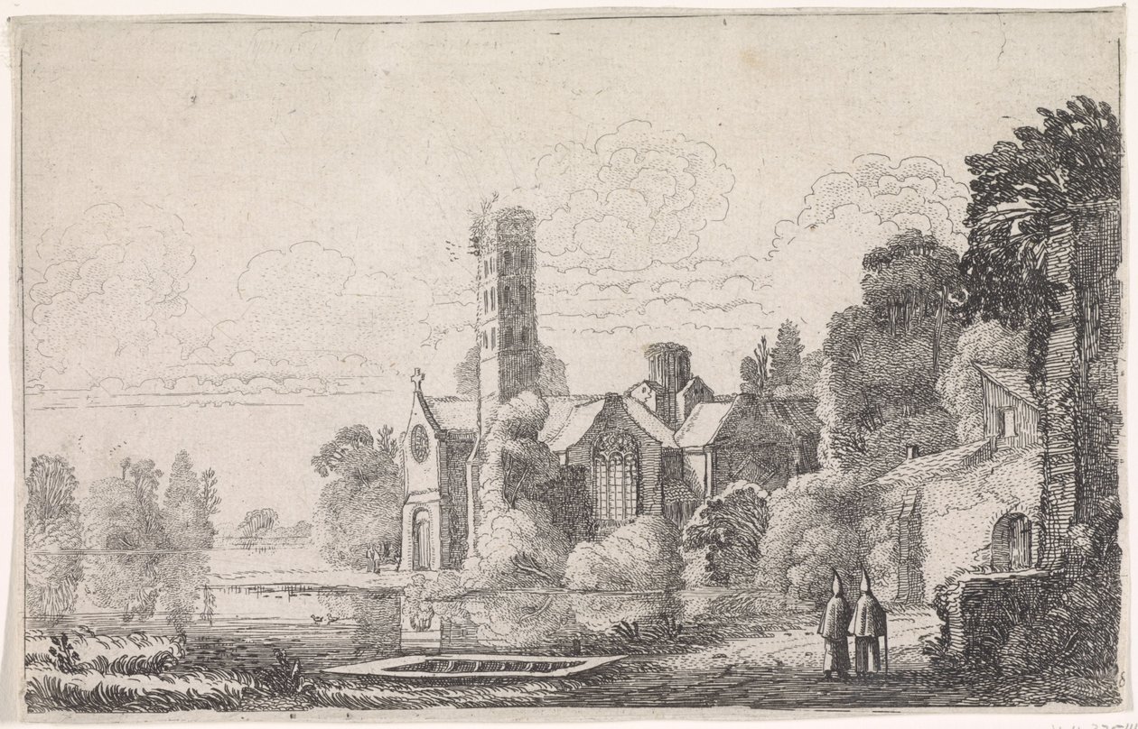 Bir nehir manzarasında bir manastırda iki keşiş Nehir manzaraları (dizi başlığı) by Jan van de Velde (II)