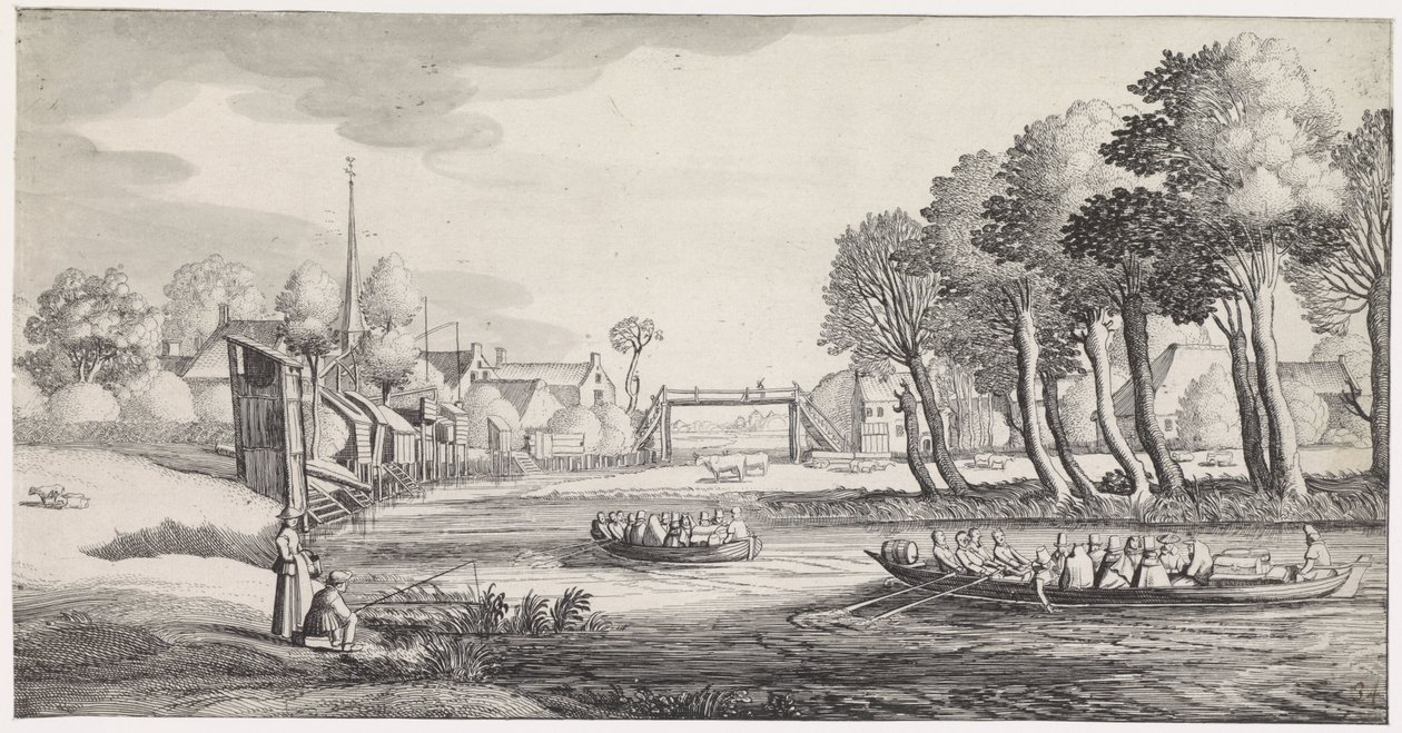 Bir köyün yakınındaki bir nehirde iki kayık Playsante manzaraları ve eğlenceli sahneler (dizi başlığı) by Jan van de Velde (II)