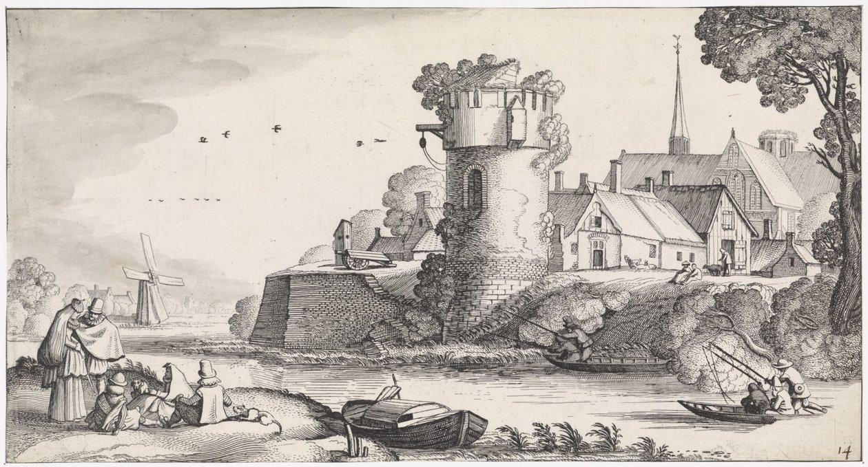 Bir nehir üzerinde gözetleme kulesi Eğlenceli manzaralar ve eğlenceli şiirler (dizi adı) by Jan van de Velde (II)