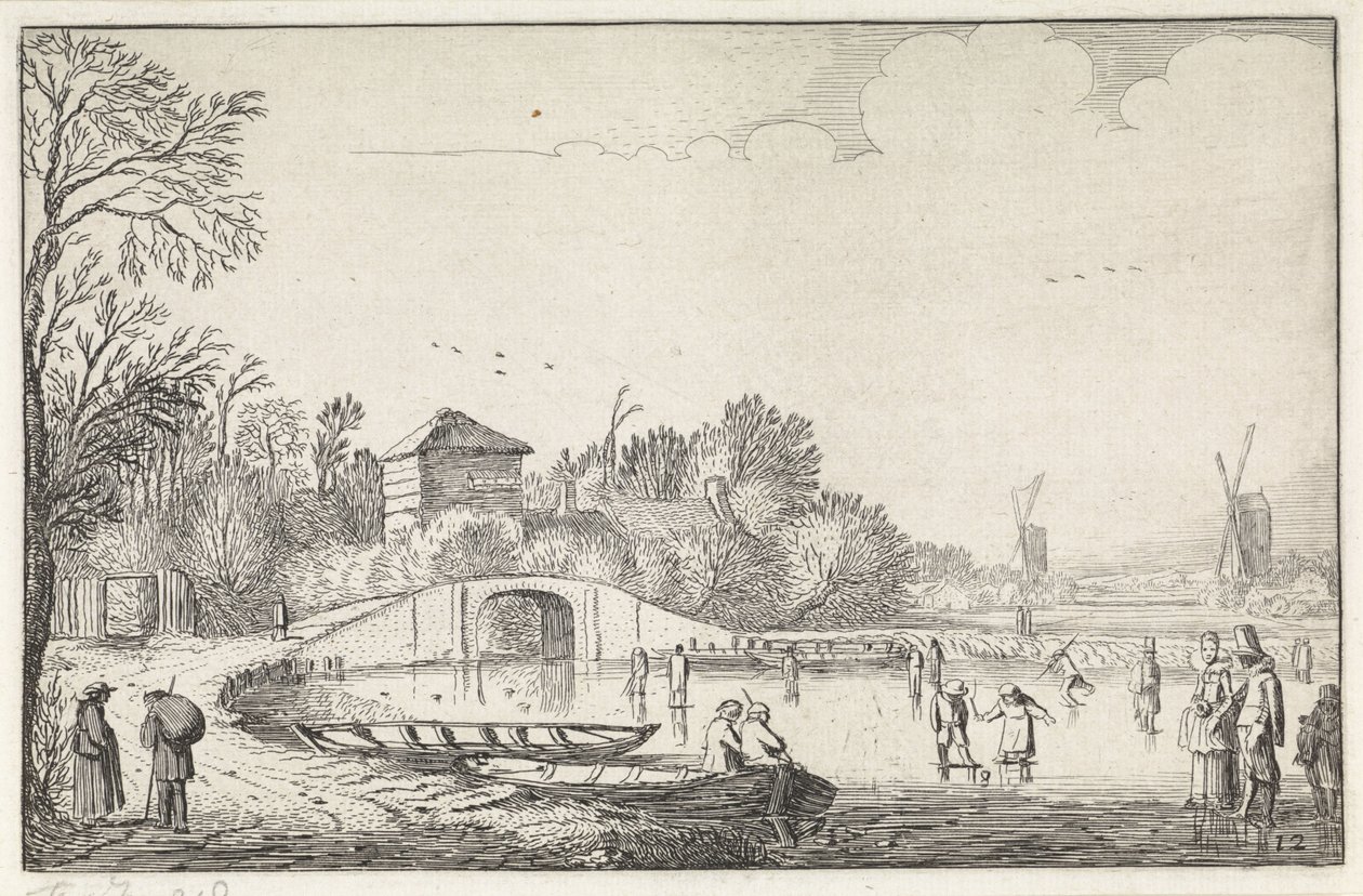 Bir köprüde patenciler ile kış manzarası Manzaralar (dizi başlığı) Amenissimae aliquot requculae (dizi başlığı) by Jan van de Velde (II)
