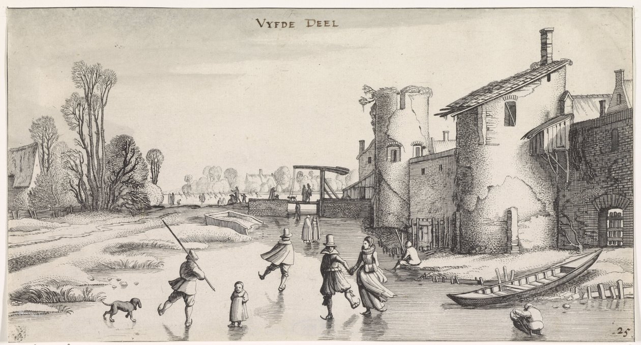 Bir şehir duvarının yanında patenciler ile kış manzarası Hoş manzaralar ve eğlenceli manzaralar (seri başlığı) by Jan van de Velde (II)