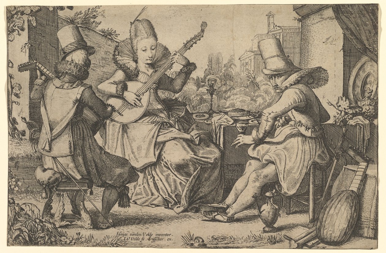 Bir Bahçede Şık Giyinmiş İki Erkek ve Bir Kadın, 1613-41. by Jan van de Velde II