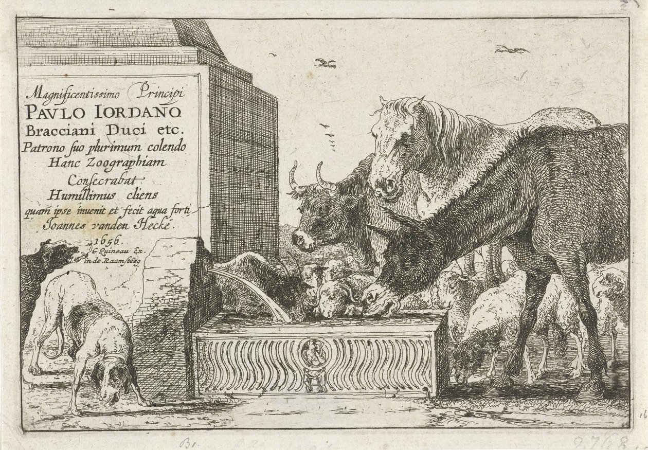 Bir çeşmenin yanında hayvanlar Hayvanları betimleyen bir dizi baskının başlık baskısı Hayvanlar (dizi adı) Zoographiam (nesne üzerinde dizi başlığı) by Jan van den Hecke