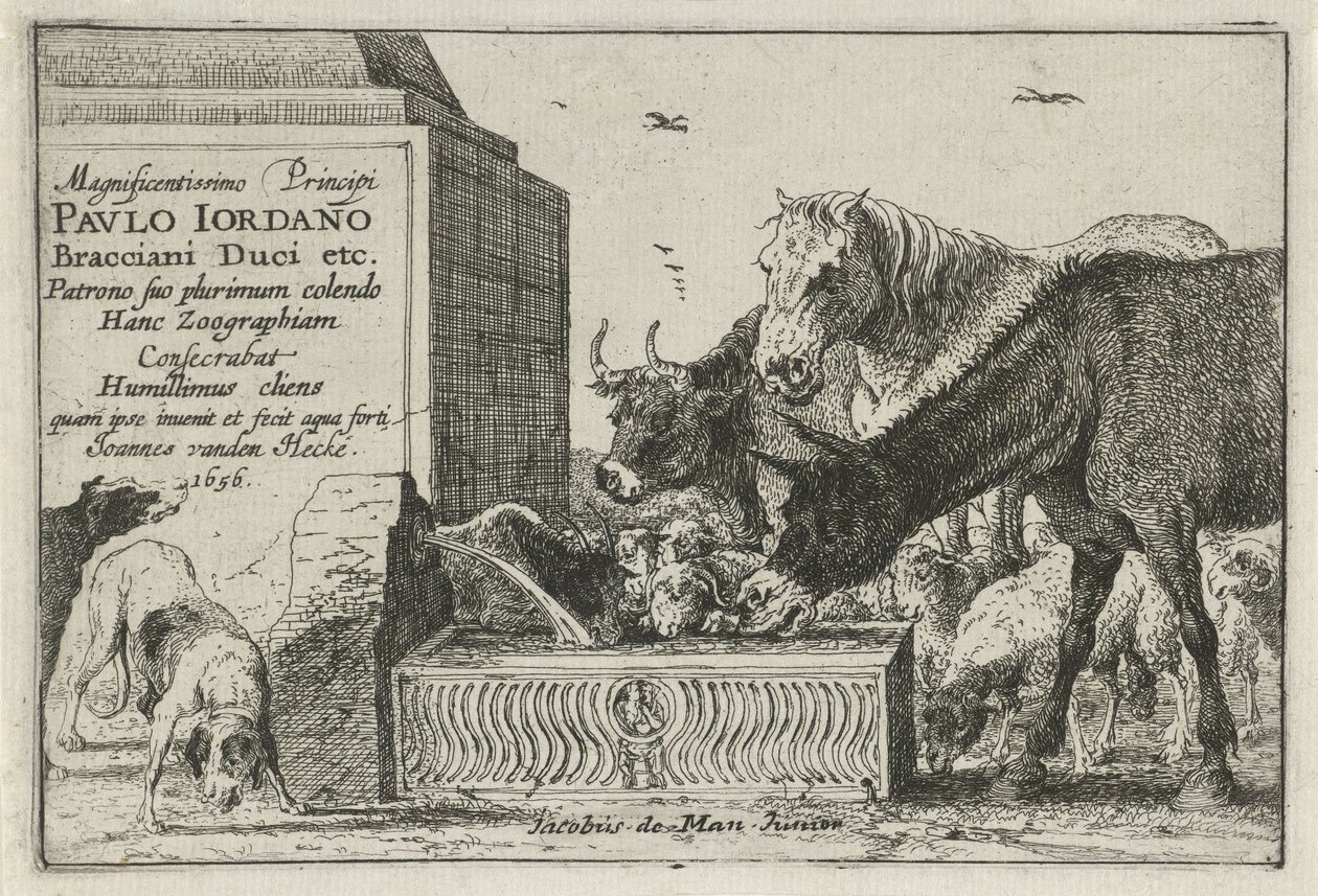 Bir çeşmenin yanında hayvanlar Hayvanları betimleyen bir dizi baskının başlık baskısı Hayvanlar (dizi adı) Zoographiam (nesne üzerinde dizi başlığı) by Jan van den Hecke