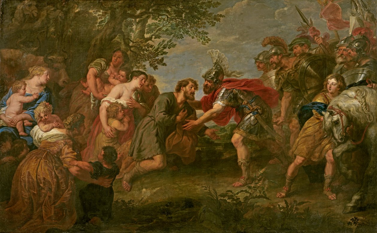 Yakup kardeşi Esav ile tanışır (tuval üzerine yağlı boya) by Jan van den Hoecke