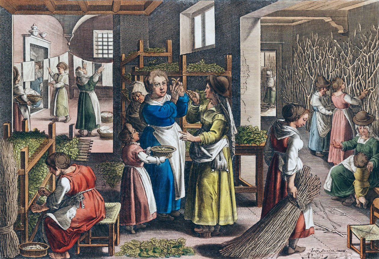 16. yüzyılda Avrupa'da ipek üretimi (baskı) by Jan van der (1523 1605) (after) Straet