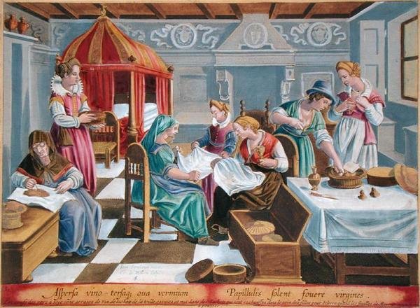Kadınlar İpekböceği Yumurtalarını Şarap Serpiyor ve Göğüslerinde Sıcak Tutuyorlar, Philip Galle (1537-1612) tarafından oyulmuş 