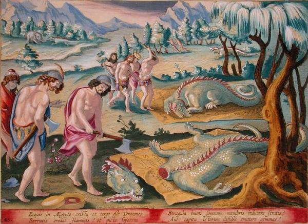 Kafası Kesen Timsahlar, Jan Collaert (1566-1628) tarafından oyulmuş 'Venationes Ferarum, Avium, Piscium'dan (Avlanma: Yabani Canavarlar, Kuşlar, Balık) levha 46, Amsterdam'dan Phillipus Gallaeus (el renkli gravür) by Jan van der (1523 1605) (after) Straet