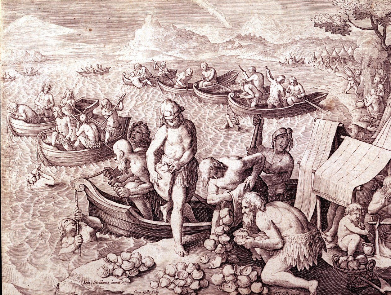 İstiridye balıkçılığı. 17. yüzyıl. Giovanni Stradano (Jan Van Der Straet) (Johannes Stradanus) (1523-1605) tarafından yapılan gravür. by Jan van der Straet
