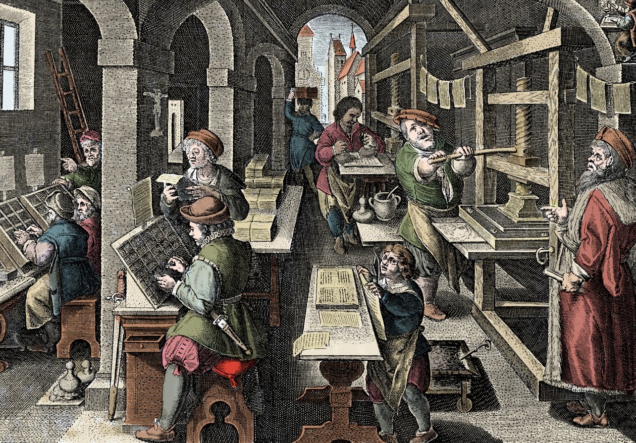 Matbaa ofisi, c1600 - Hollanda, Baskı: solda karakterler karakterleri kullanıyor, bir ana yazıcı tarafından denetlenen baskının hazırlanmasının farklı aşamaları - Giovanni Stradano