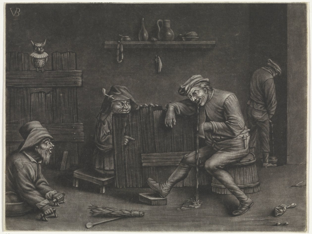 İdrar yapan bir adam, kusan adam, bir cüce ve bir dilenci ile iç mekan by Jan van der Bruggen